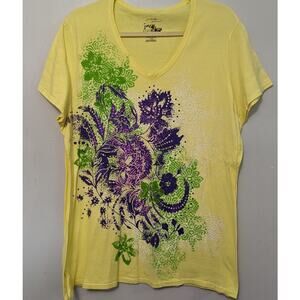 Just My Size Women's Yellow/Green/Purple Print T Shirt V Neck Size 1X/16W